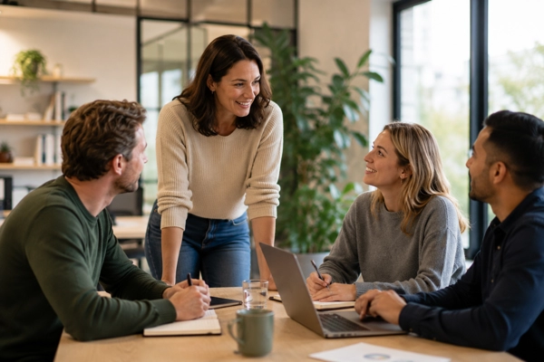 Leidinggevende in gesprek met medewerkers