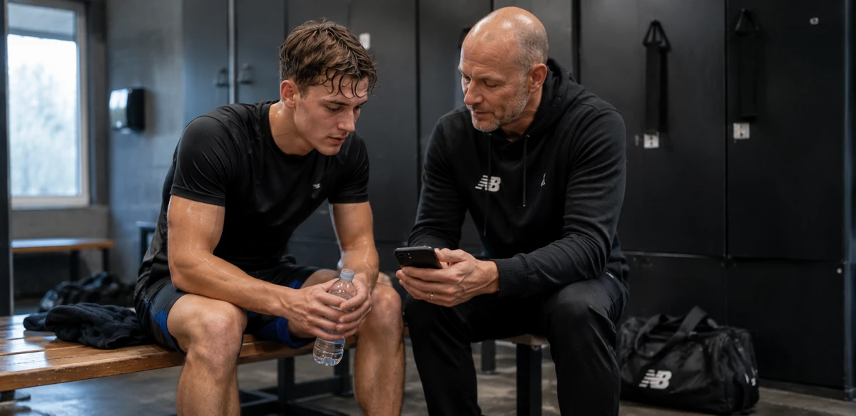 Een sporter en coach bekijken samen een meting op de telefoon