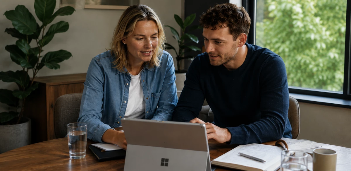 Een professional en cliënt bekijken samen gegevens op een laptop