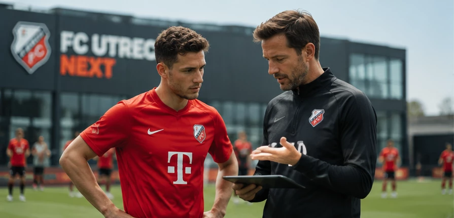 Speler en coach van FC Utrecht NEXT bekijken samen een meting op een tablet