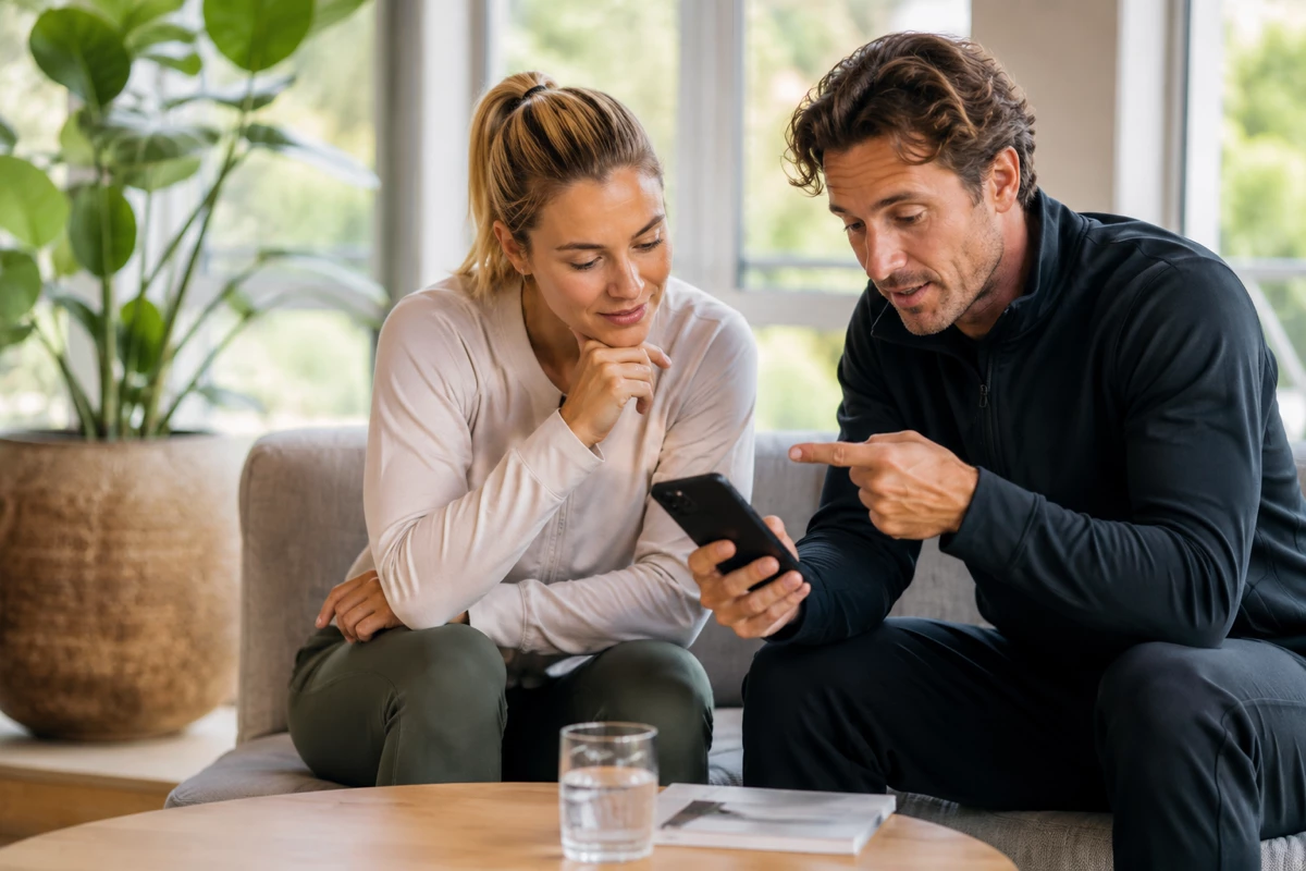 Twee mensen bekijken samen een meting op de telefoon