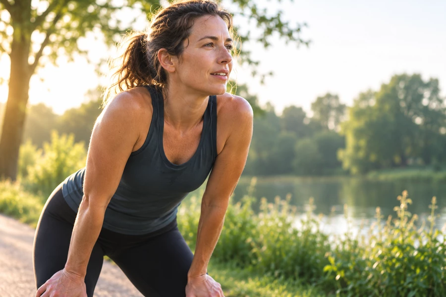 Vrouw komt op adem na het hardlopen, buiten in de ochtendzon