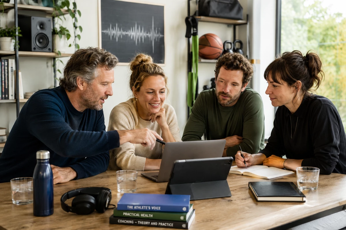 Team met achtergrond in audio, gezondheid, sport en coaching bekijkt samen resultaten