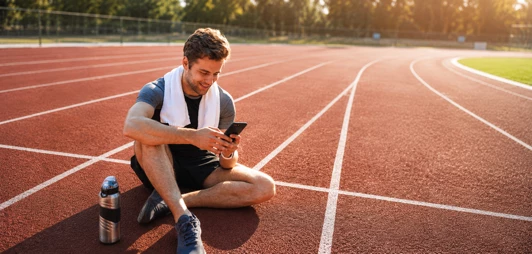 Een sporter bekijkt zijn resultaten op de atletiekbaan