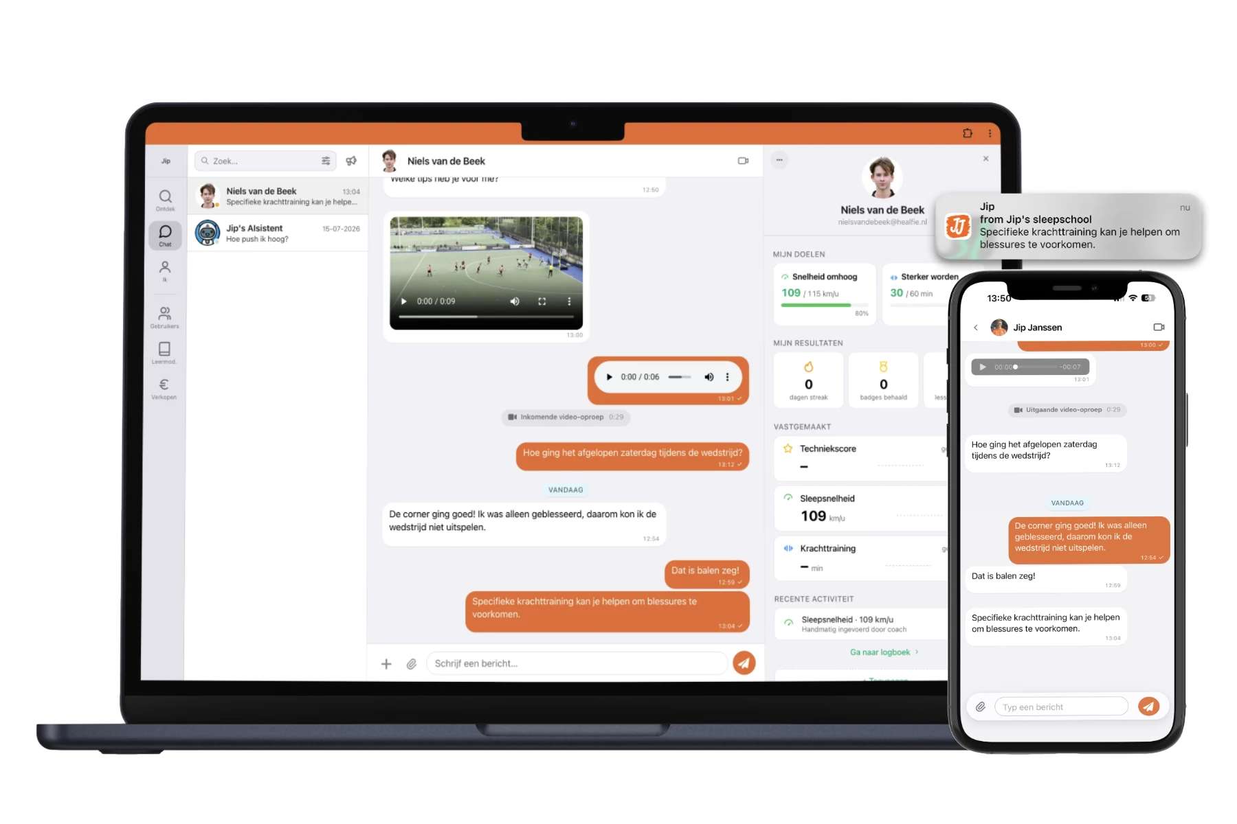 Healfie op laptop en mobiel met chat, audio, video, doelen en resultaten