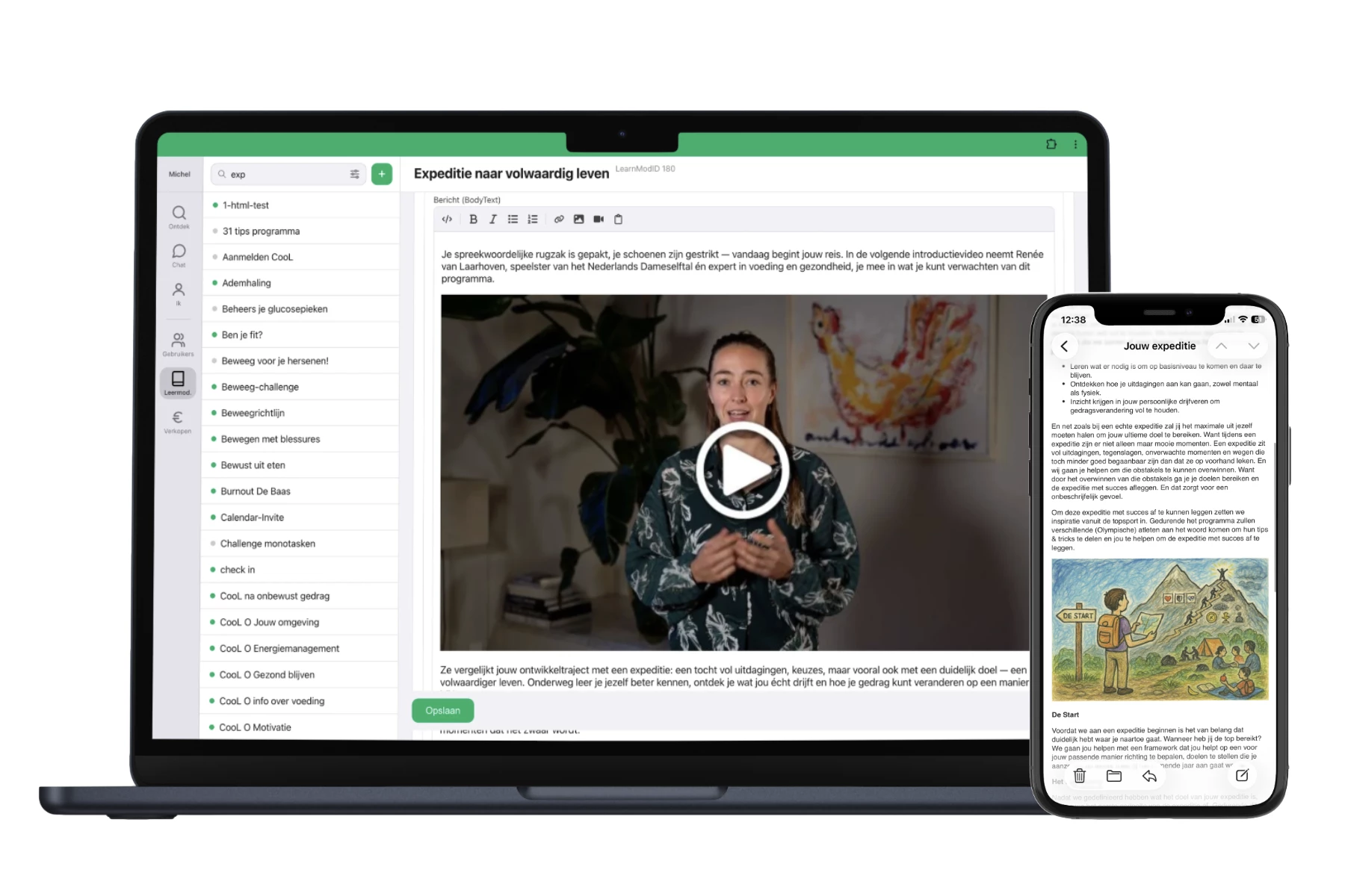 Healfie-programma met video en stap-voor-stapinhoud op laptop en mobiel