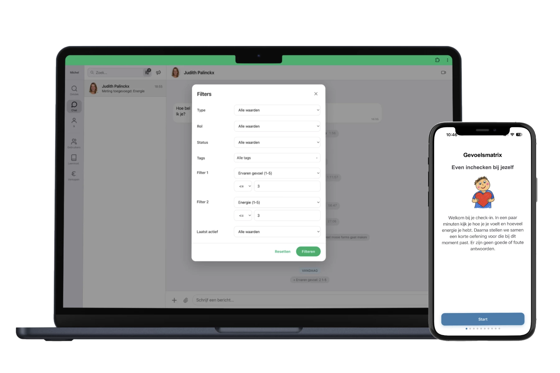 Deelnemers filteren op antwoorden, energie en activiteit, met een check-in op de mobiel