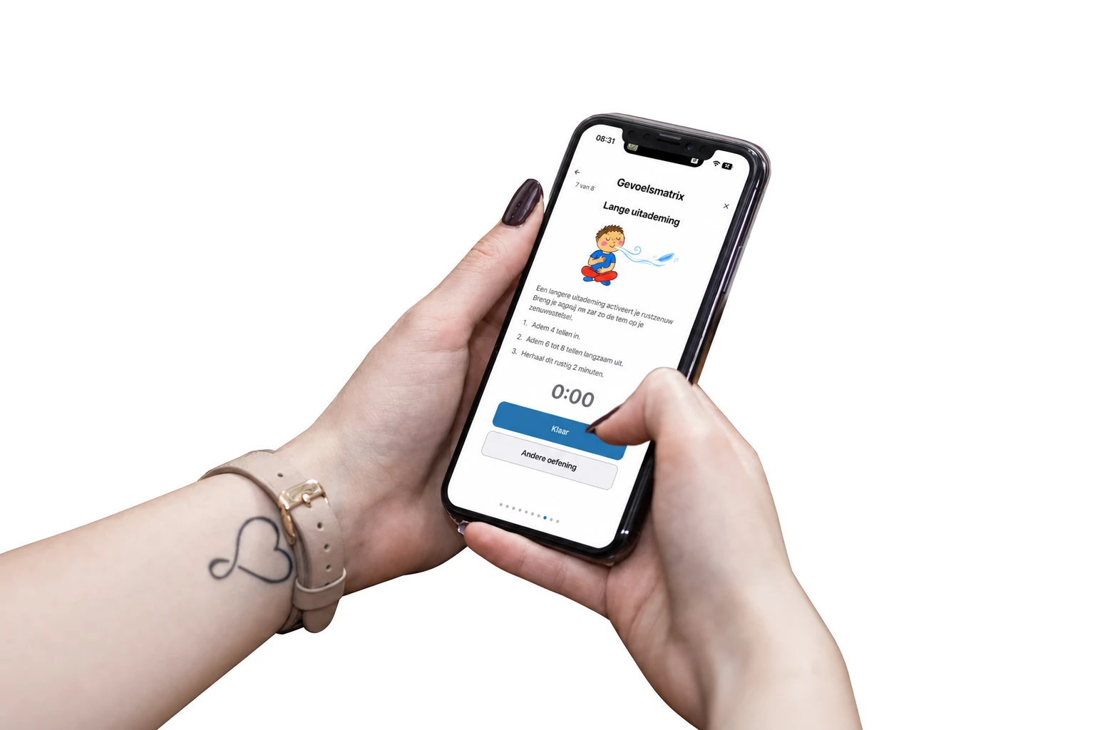 Deelnemer voert zelfstandig een ademhalingsoefening uit via Healfie op een smartphone