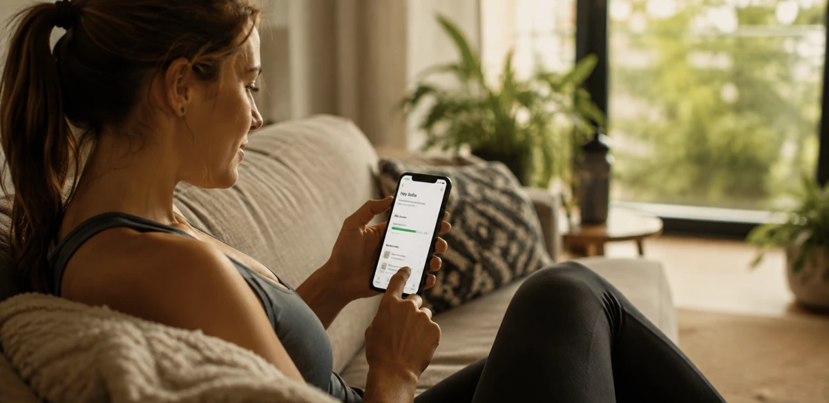 Vrouw bekijkt thuis op de bank haar eigen inzichten in de Healfie-app