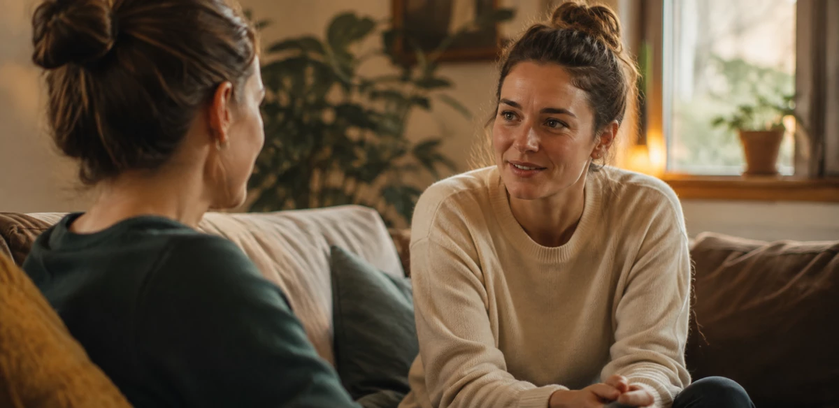 Twee vrouwen in gesprek op de bank