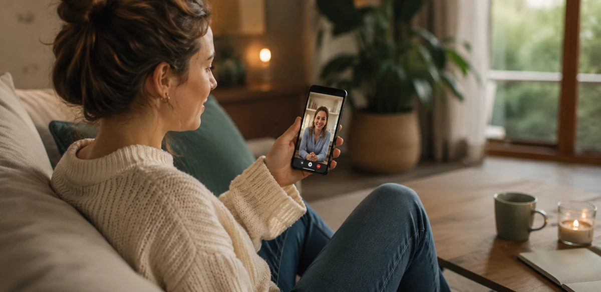 Vrouw heeft thuis een videogesprek met haar begeleider